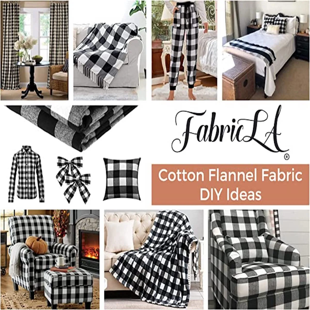 100% Cotton Flannel Fabric | 60 inches Wide | Sold By The Yard | Blanket, Pillowcases, Quilting, Sewing, PJ, Shirt, | Black & White | 23