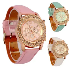 2016 Vogue Women Watches Ladies Crystal Dial Quartz Relogio Analog Leather Bracelet WristWatch Dress reloj Free shipping #LSN