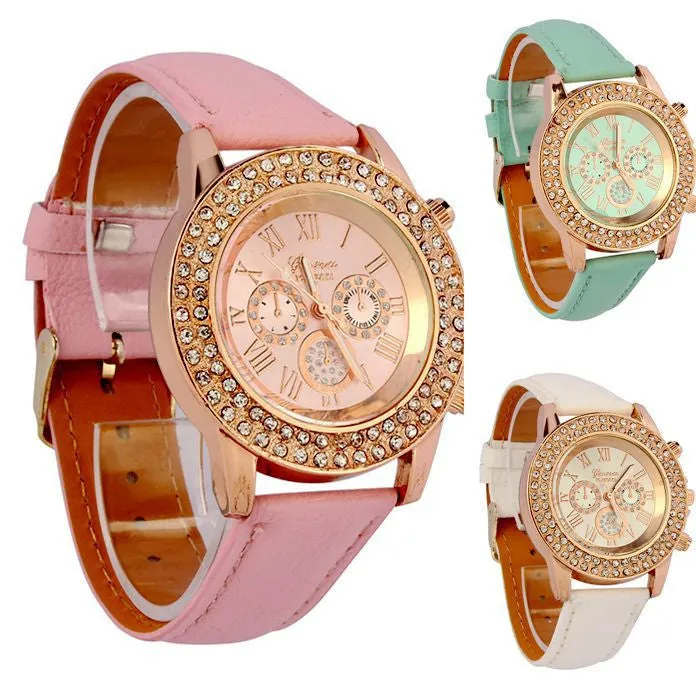 2016 Vogue Women Watches Ladies Crystal Dial Quartz Relogio Analog Leather Bracelet WristWatch Dress reloj Free shipping #LSN