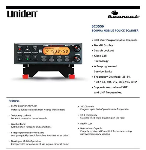 800 MHz 300-Channel Base/Mobile Scanner, Close Call RF Capture