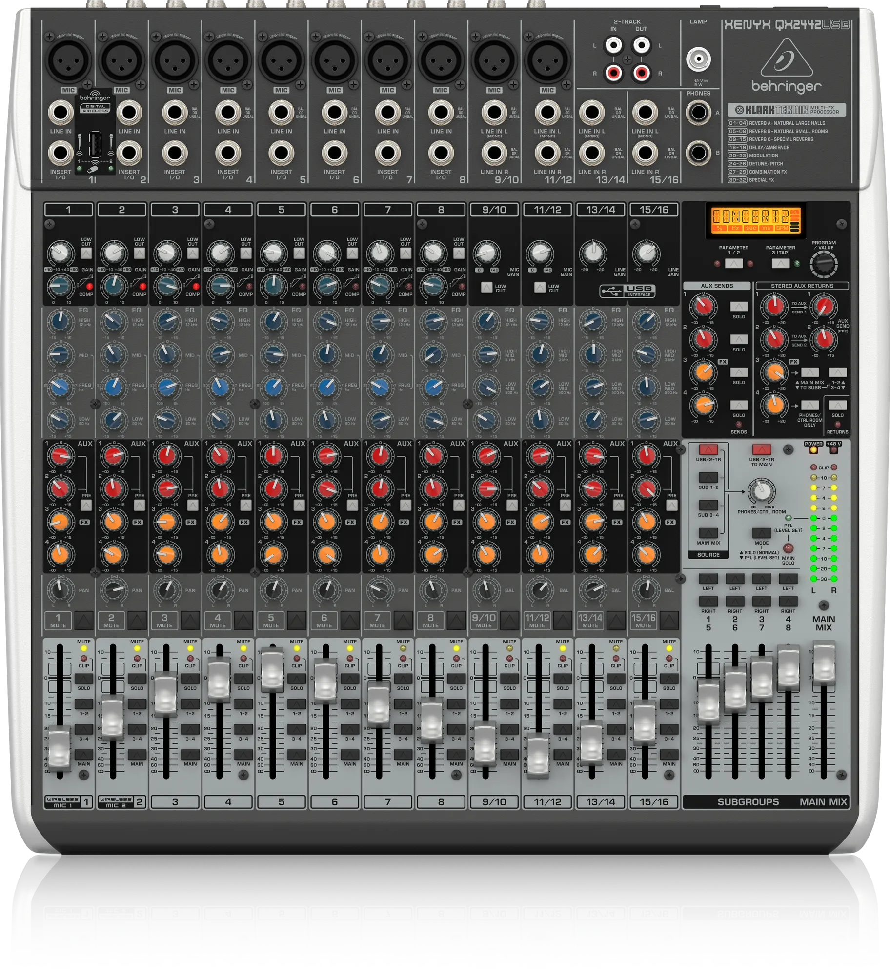 Behringer Xenyx QX2442USB Premium 24-Input 4/2-Bus Mixer with XENYX Mic Preamps and Compressors, Klark Teknik Multi-FX Processor, Wireless Option and USB/Audio Interface