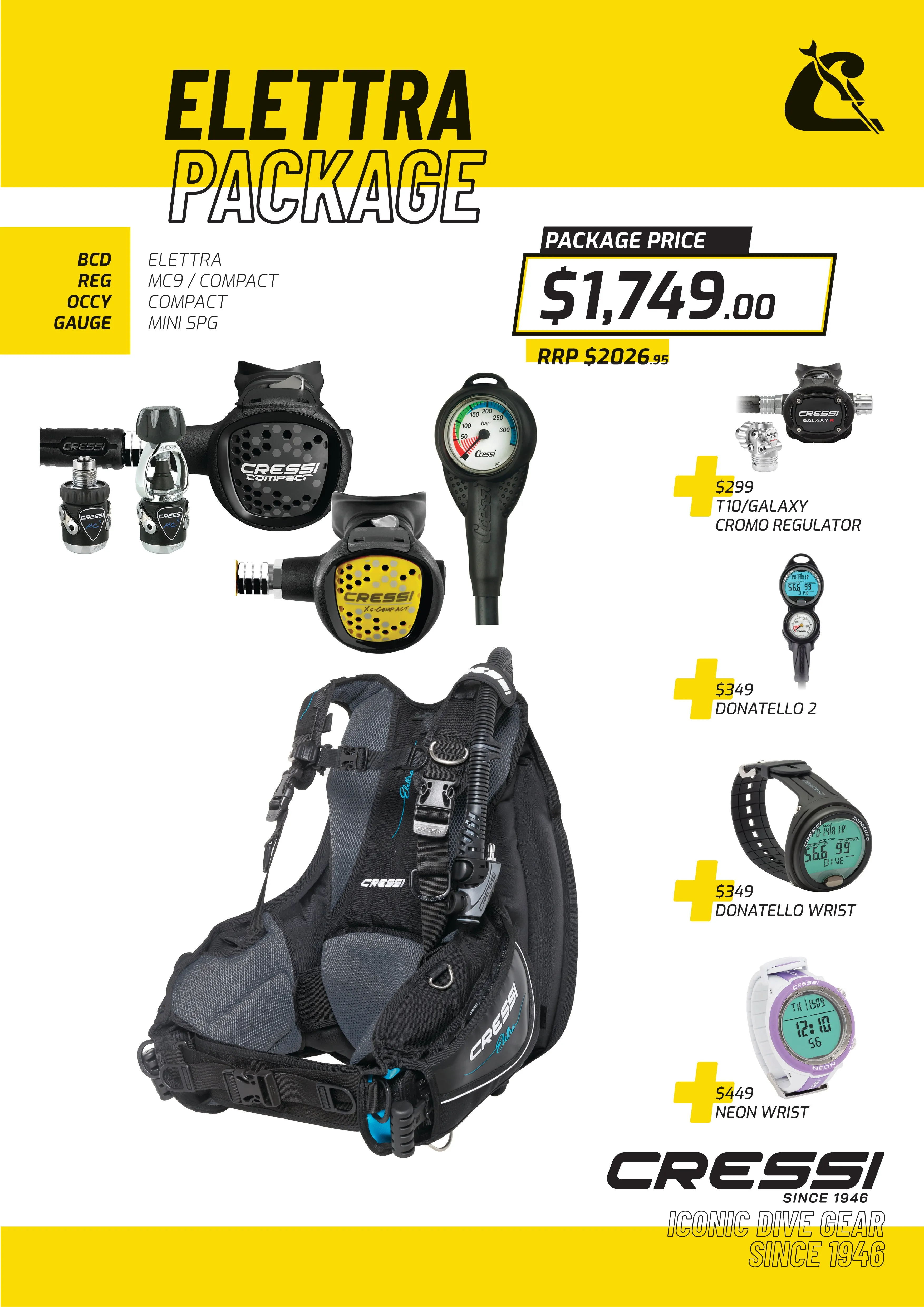 Cressi Elettra Ladies BCD   MC9 Compact Regulator   Octopus   Mini Spg Set - Elettra Package