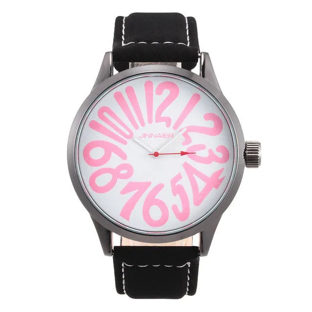 Fashion Jinnaier women men Unisex large number dial style Leather strap quartz wrist watch J07