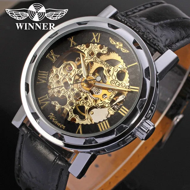 Fashion WINNER Men Luxury Brand Roman Number Hand-wind Leather Watch Automatic Mechanical Wristwatches Gift Box Relogio Releges