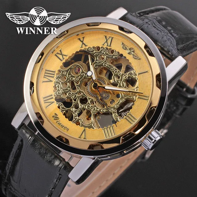 Fashion WINNER Men Luxury Brand Roman Number Hand-wind Leather Watch Automatic Mechanical Wristwatches Gift Box Relogio Releges