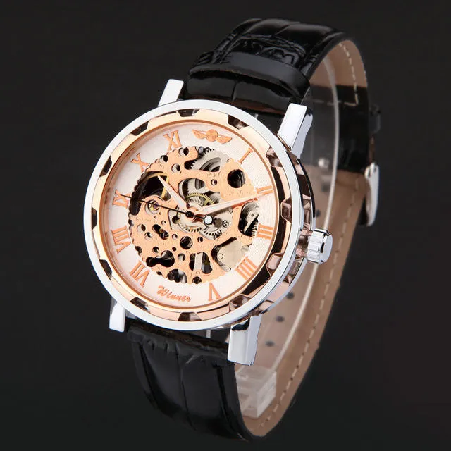 Fashion WINNER Men Luxury Brand Roman Number Hand-wind Leather Watch Automatic Mechanical Wristwatches Gift Box Relogio Releges