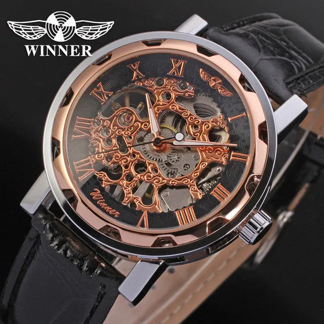 Fashion WINNER Men Luxury Brand Roman Number Hand-wind Leather Watch Automatic Mechanical Wristwatches Gift Box Relogio Releges