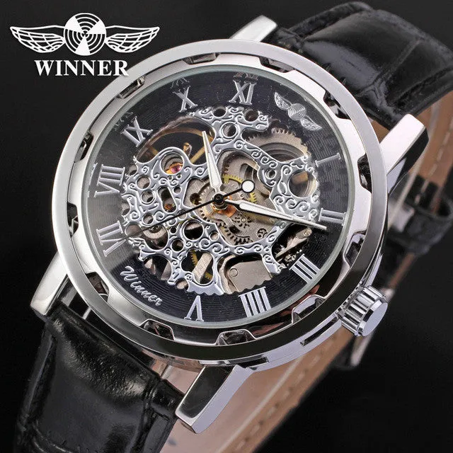 Fashion WINNER Men Luxury Brand Roman Number Hand-wind Leather Watch Automatic Mechanical Wristwatches Gift Box Relogio Releges
