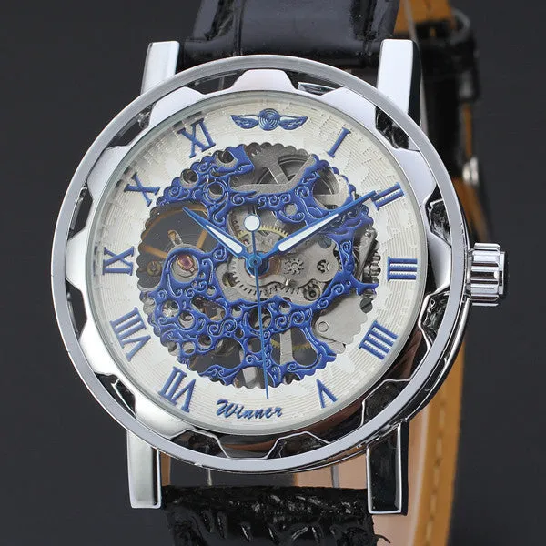 Fashion WINNER Men Luxury Brand Roman Number Hand-wind Leather Watch Automatic Mechanical Wristwatches Gift Box Relogio Releges