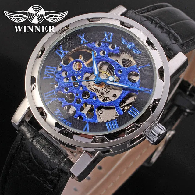 Fashion WINNER Men Luxury Brand Roman Number Hand-wind Leather Watch Automatic Mechanical Wristwatches Gift Box Relogio Releges