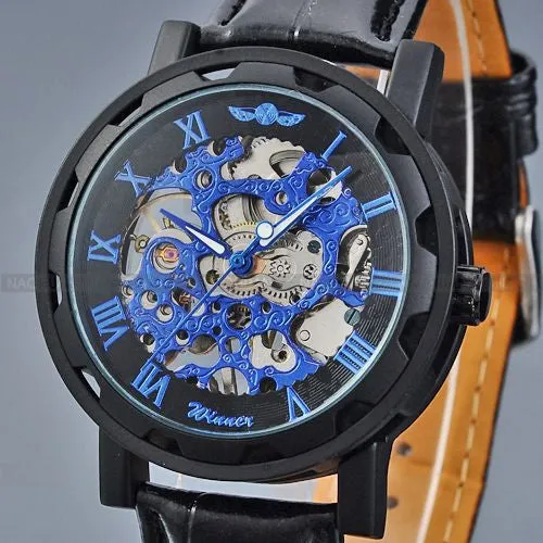 Fashion WINNER Men Luxury Brand Roman Number Hand-wind Leather Watch Automatic Mechanical Wristwatches Gift Box Relogio Releges