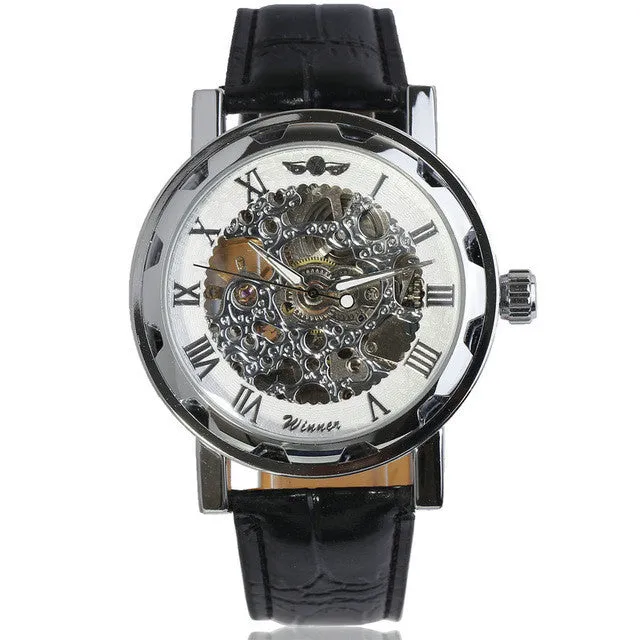 Fashion WINNER Men Luxury Brand Roman Number Hand-wind Leather Watch Automatic Mechanical Wristwatches Gift Box Relogio Releges