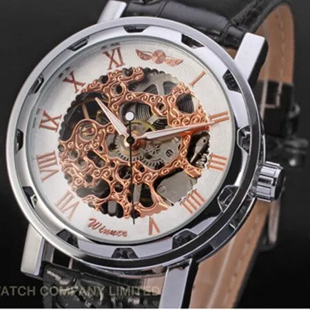 Fashion WINNER Men Luxury Brand Roman Number Hand-wind Leather Watch Automatic Mechanical Wristwatches Gift Box Relogio Releges