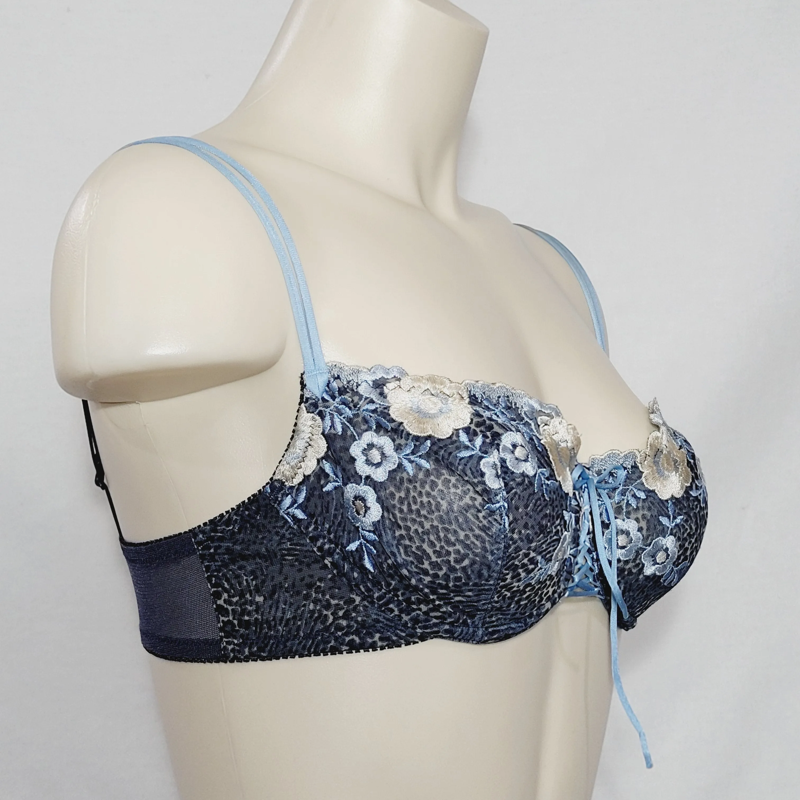 Felina 5266 Semi Sheer Embroidered Lace Up Balconette UW Bra 36B Blue Floral
