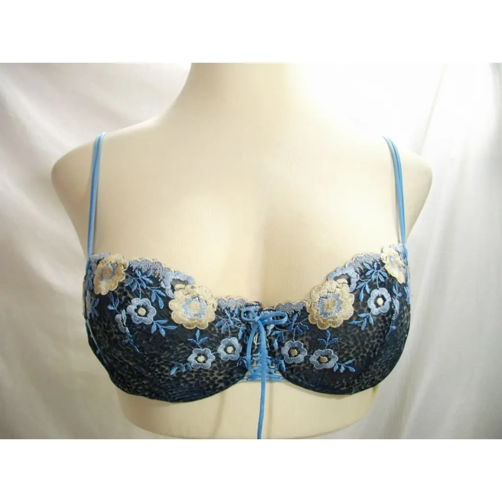Felina 5266 Semi Sheer Embroidered Lace Up Balconette UW Bra 36B Blue Floral