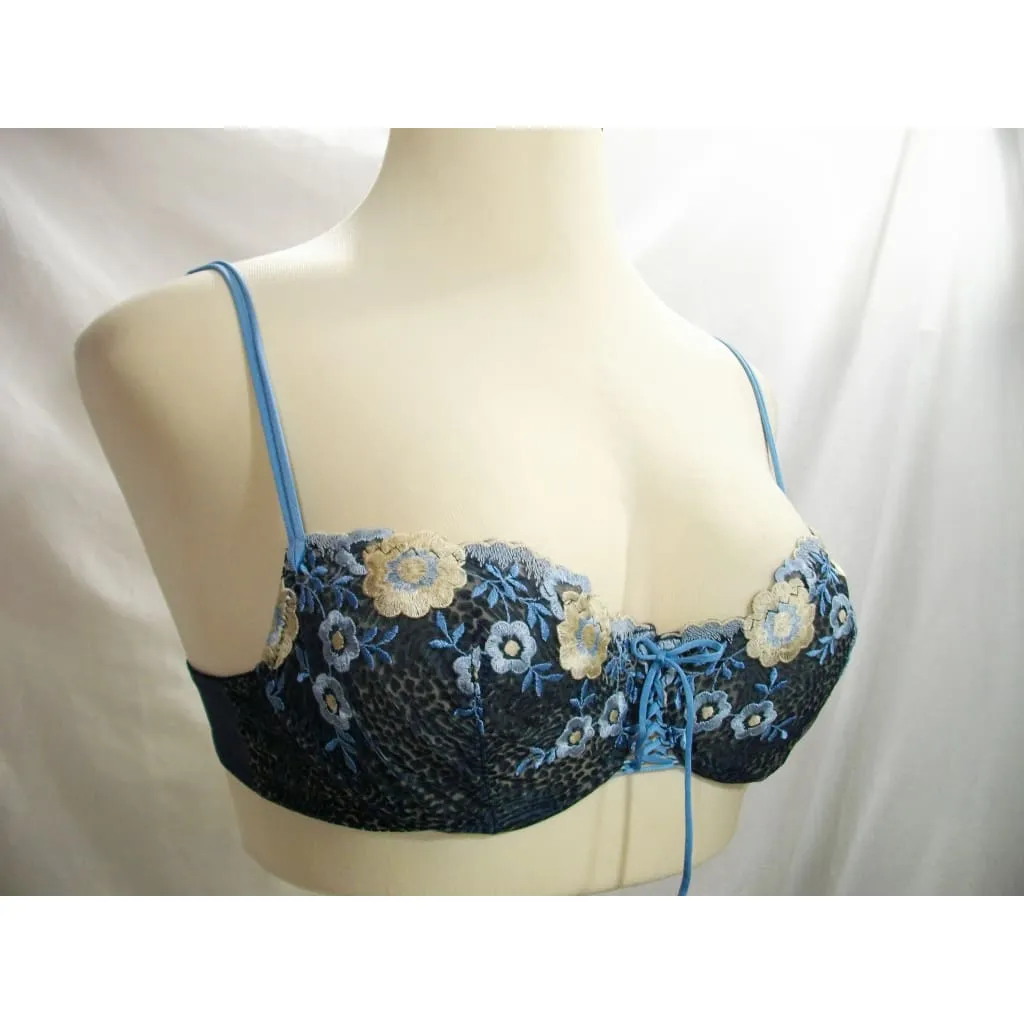 Felina 5266 Semi Sheer Embroidered Lace Up Balconette UW Bra 36B Blue Floral