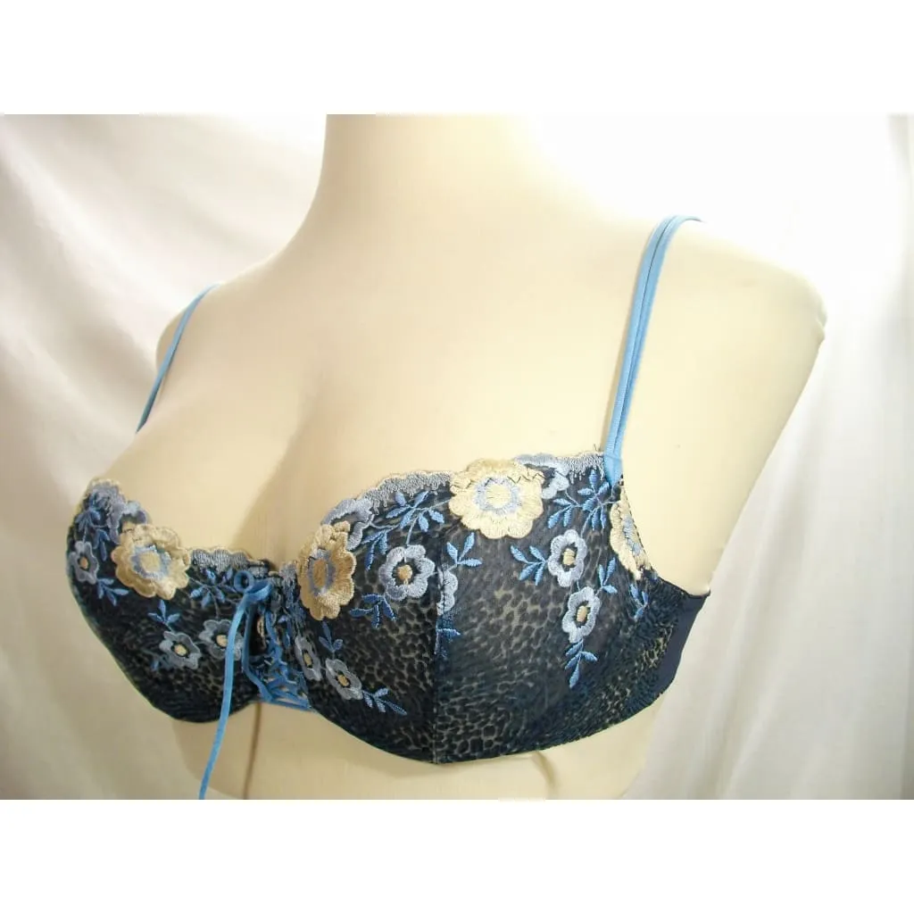 Felina 5266 Semi Sheer Embroidered Lace Up Balconette UW Bra 36B Blue Floral