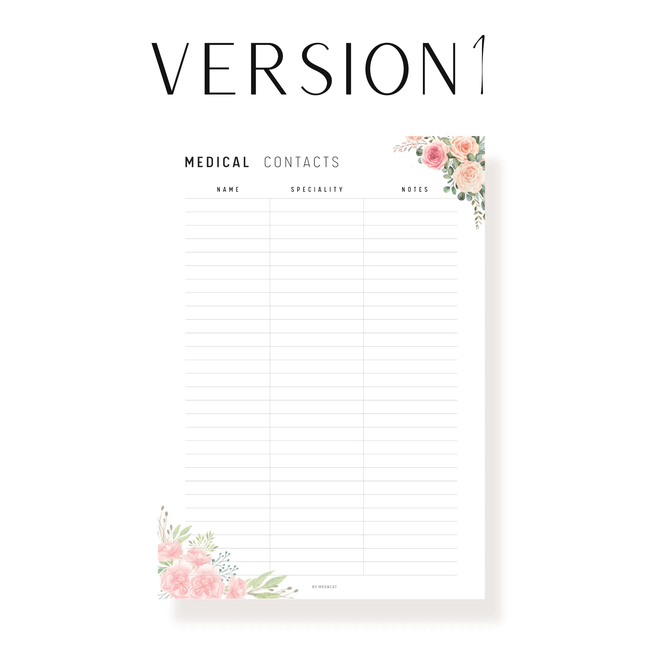 Floral Medical Contact List Printable - M190