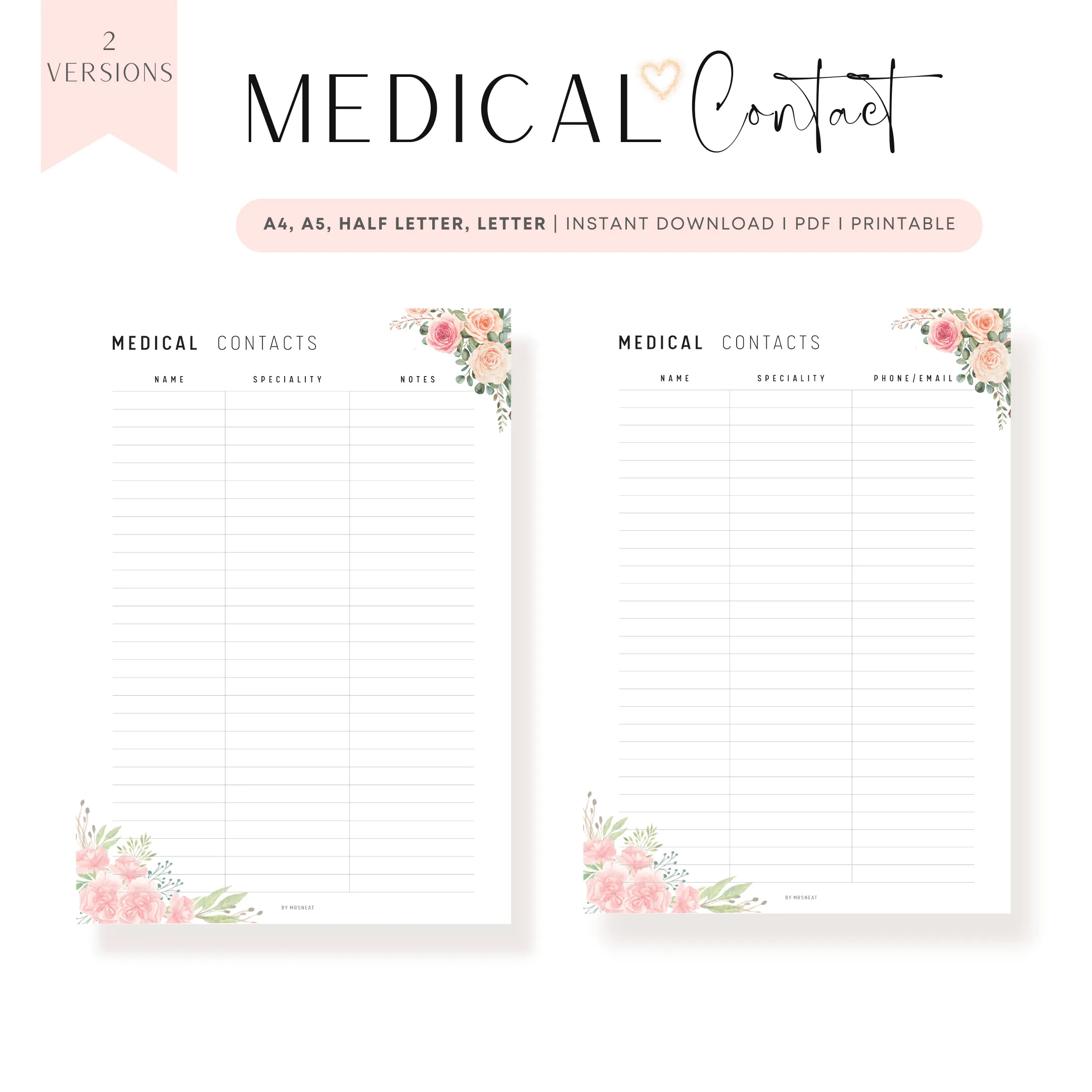 Floral Medical Contact List Printable - M190