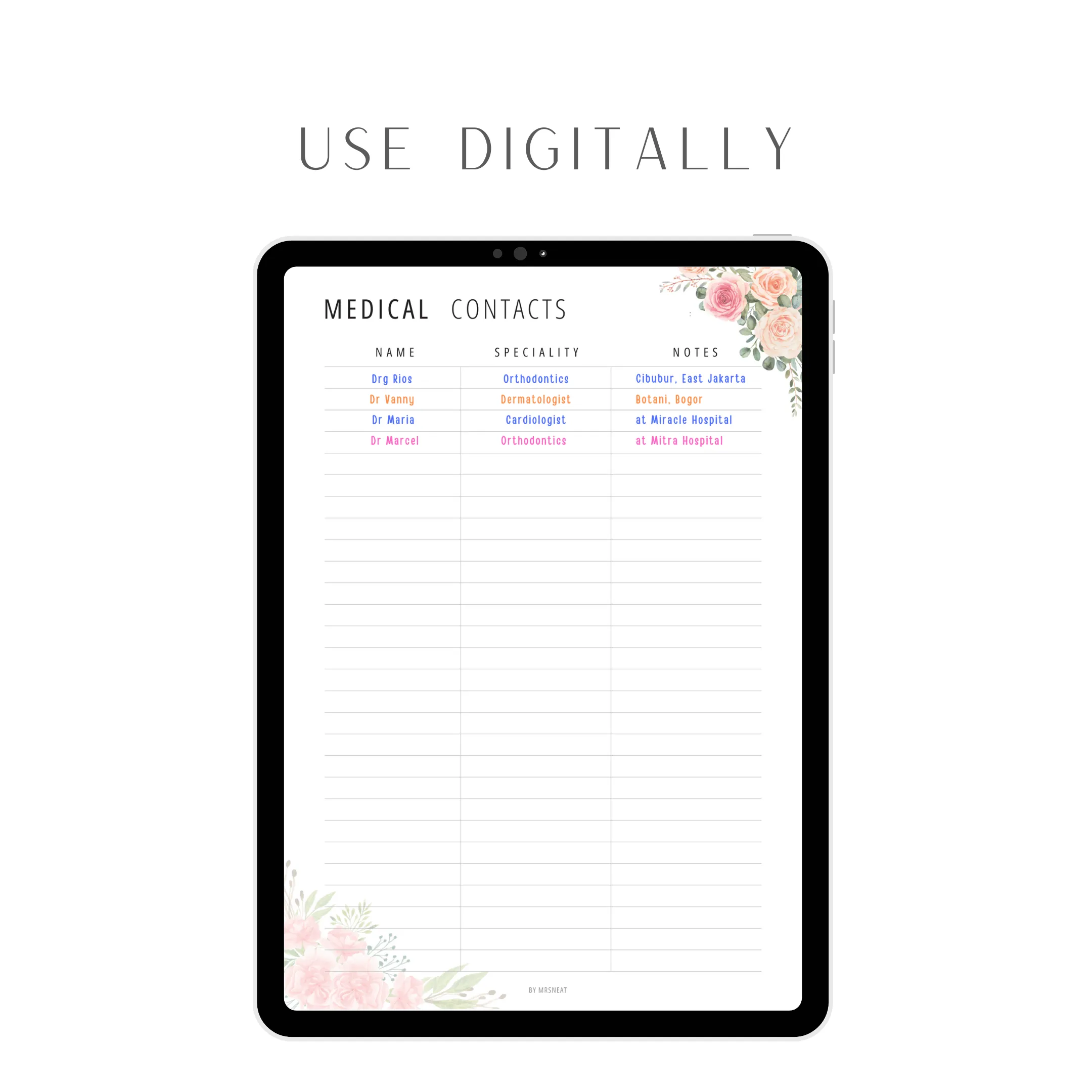 Floral Medical Contact List Printable - M190