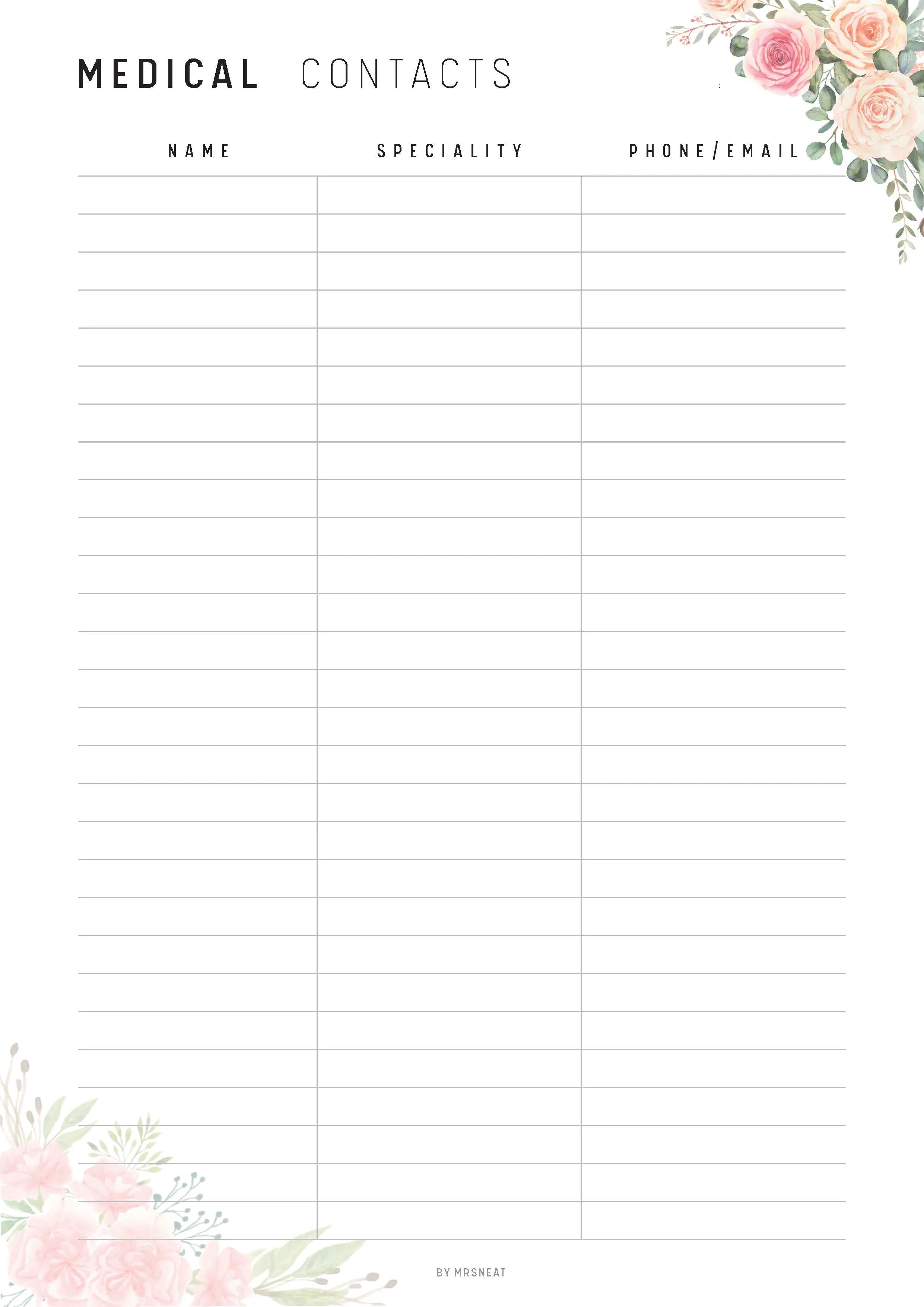 Floral Medical Contact List Printable - M190