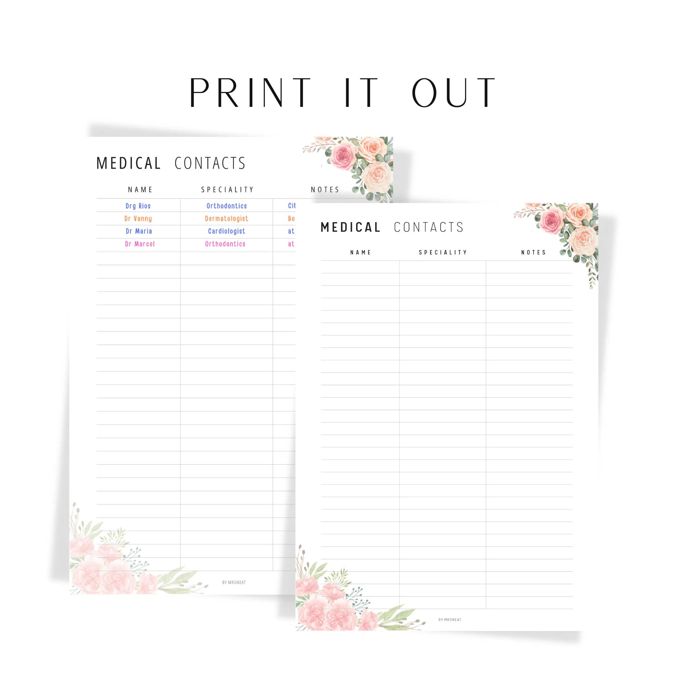 Floral Medical Contact List Printable - M190