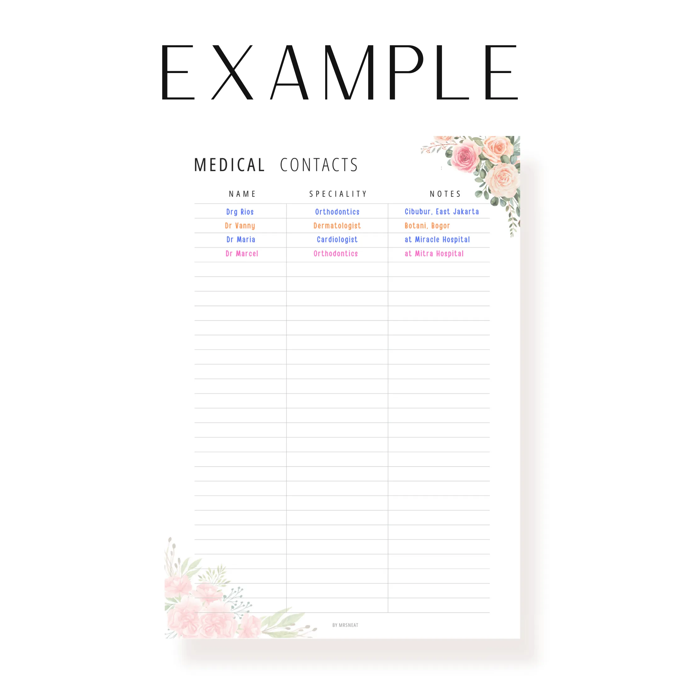 Floral Medical Contact List Printable - M190