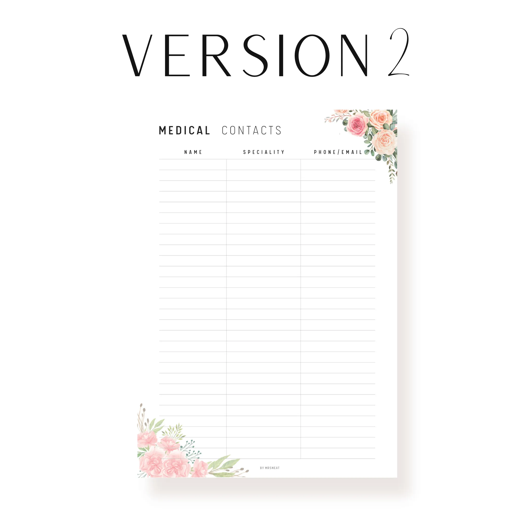Floral Medical Contact List Printable - M190