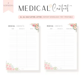 Floral Medical Contact List Printable - M190