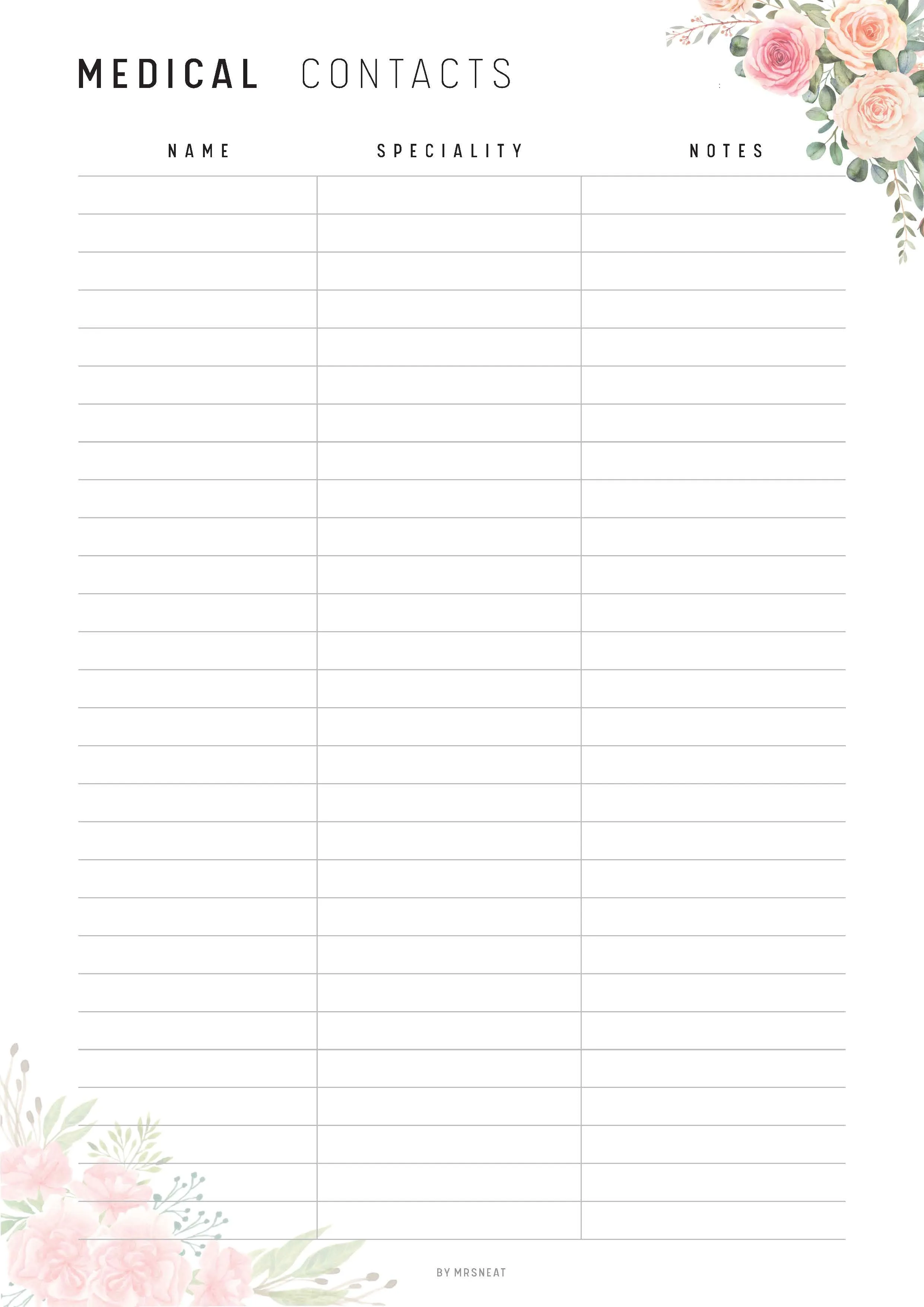 Floral Medical Contact List Printable - M190