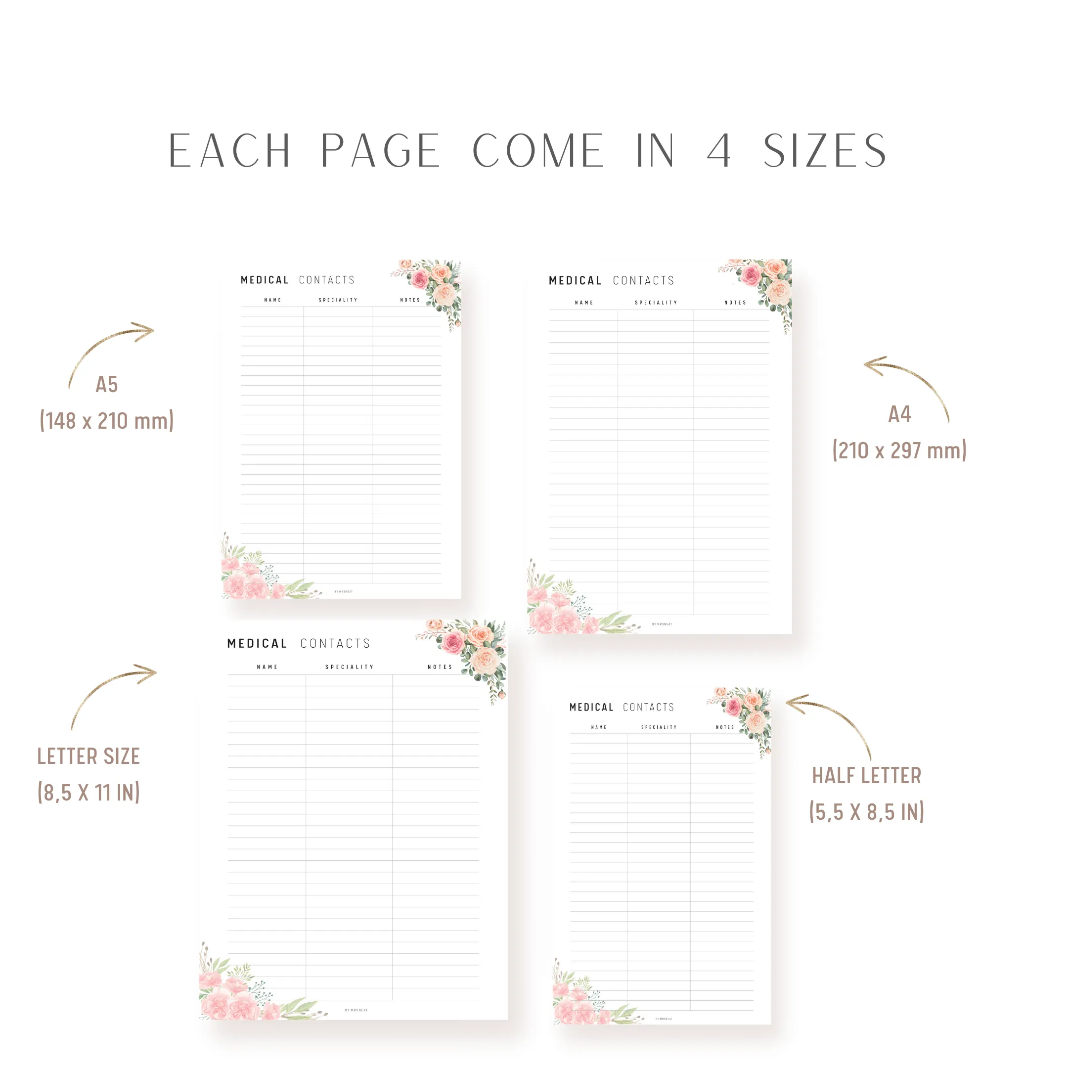 Floral Medical Contact List Printable - M190