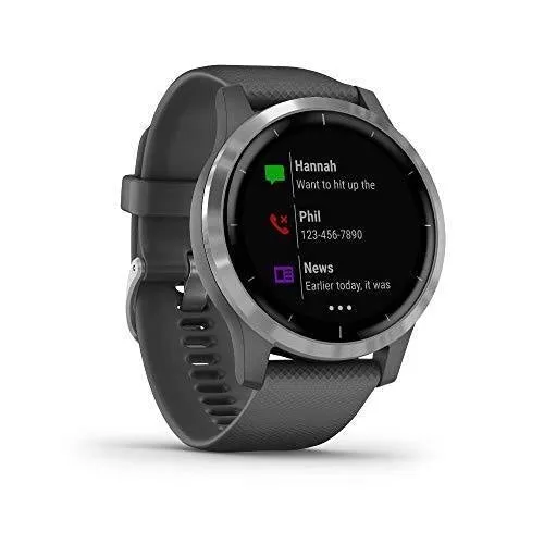 Garmin 010-02174-01 Vivoactive 4 Smartwatch, Shadow Gray/Stainless Bundle with Deco Gear Magnetic Wireless Sport Earbuds, Red with Carrying Case and Voltix 2600mAh Portable Power Bank
