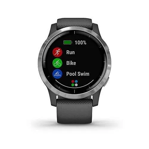Garmin 010-02174-01 Vivoactive 4 Smartwatch, Shadow Gray/Stainless Bundle with Deco Gear Magnetic Wireless Sport Earbuds, Red with Carrying Case and Voltix 2600mAh Portable Power Bank