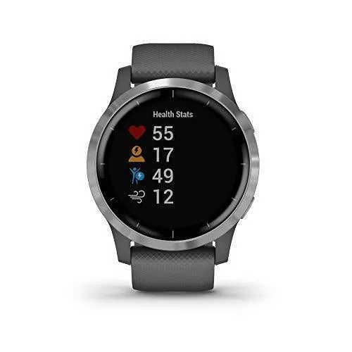Garmin 010-02174-01 Vivoactive 4 Smartwatch, Shadow Gray/Stainless Bundle with Deco Gear Magnetic Wireless Sport Earbuds, Red with Carrying Case and Voltix 2600mAh Portable Power Bank