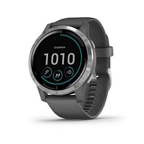 Garmin 010-02174-01 Vivoactive 4 Smartwatch, Shadow Gray/Stainless Bundle with Deco Gear Magnetic Wireless Sport Earbuds, Red with Carrying Case and Voltix 2600mAh Portable Power Bank
