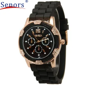 HF 2016 New Women's Rose Gold Chronograph Silicone with Crystal Rhinestones Bezel relogio masculino relogio feminino SP 12