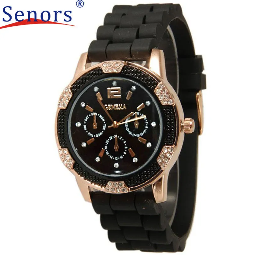 HF 2016 New Women's Rose Gold Chronograph Silicone with Crystal Rhinestones Bezel relogio masculino relogio feminino SP 12
