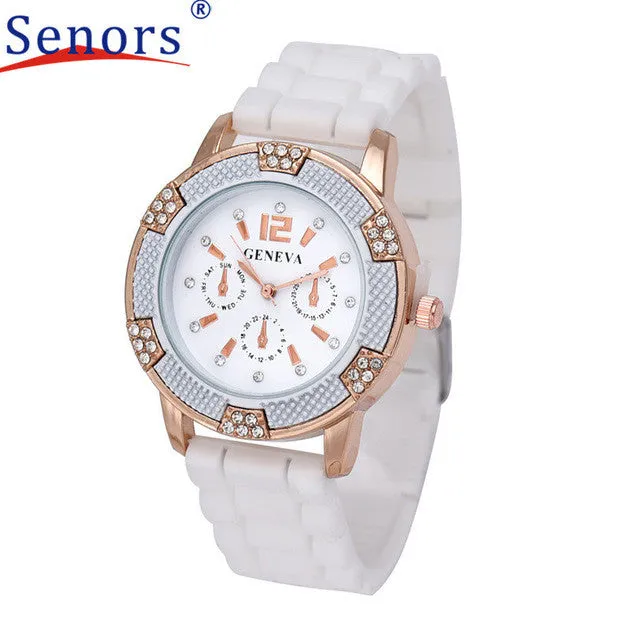 HF 2016 New Women's Rose Gold Chronograph Silicone with Crystal Rhinestones Bezel relogio masculino relogio feminino SP 12