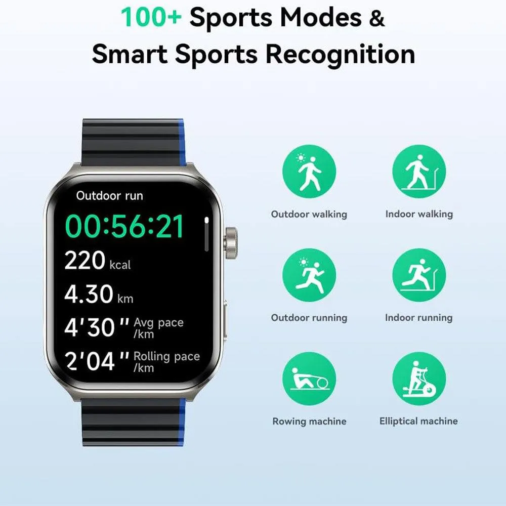 Kieslect Ks2 Smart Watch Space Gray Aluminum Case With Black x Blue Strap & Extra Black Strap