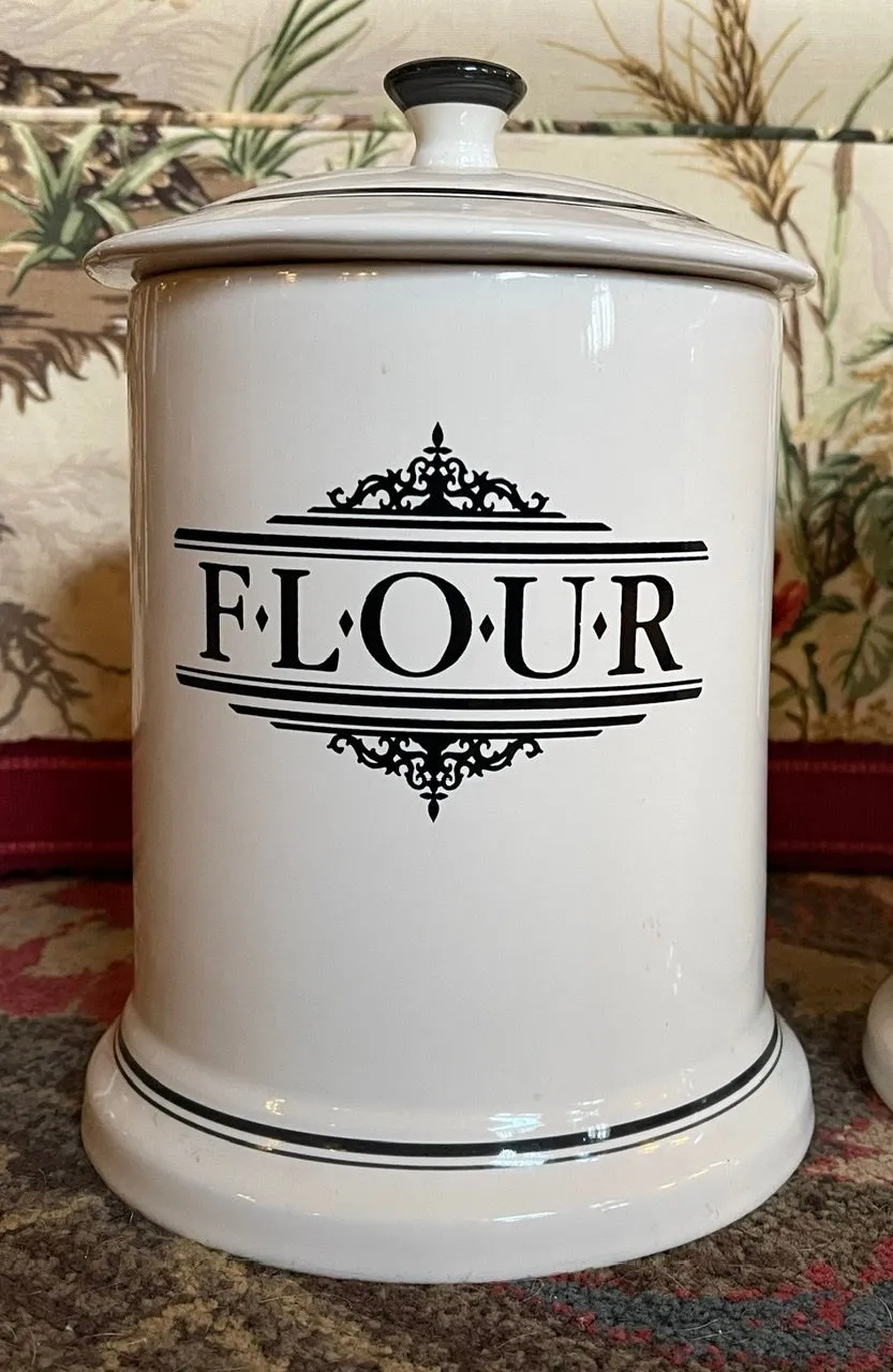 Large Vintage English Black & White Transferware Advertising FLOUR Canister Jar