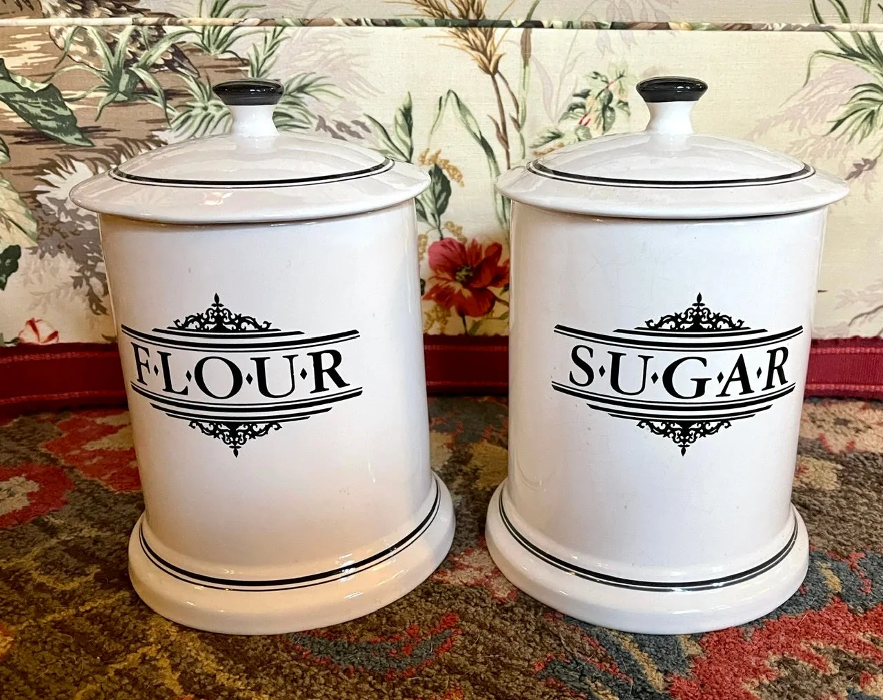 Large Vintage English Black & White Transferware Advertising FLOUR Canister Jar