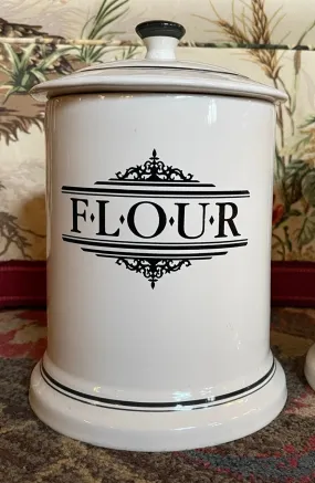 Large Vintage English Black & White Transferware Advertising FLOUR Canister Jar