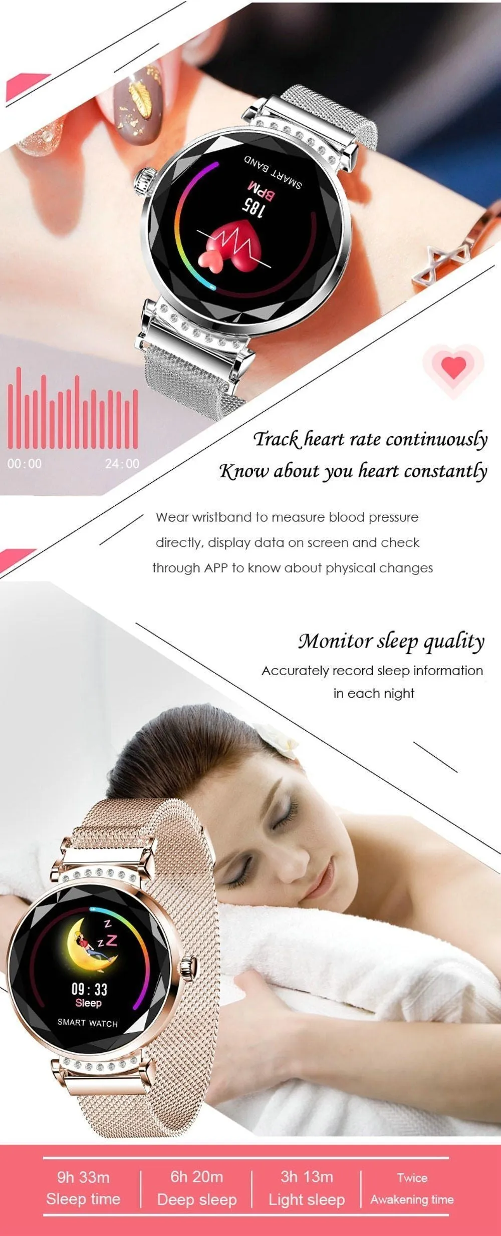New Luxury Smart Fitness Bracelet Women Blood Pressure Heart Rate Monitoring Wristband Lady Watch