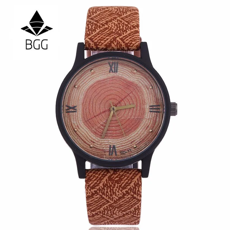 New Wood Women Watches Retro 2016 Casual BGG Brand Vintage Leather Quartz Clock Woman Fashion Simple Face Wooden dress Watch