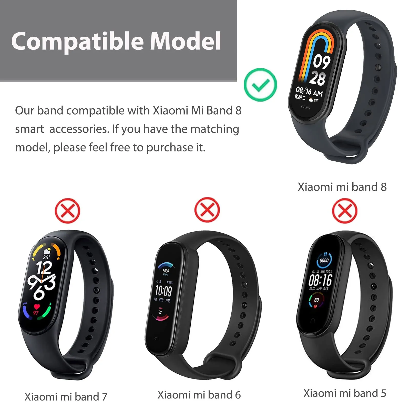 [Pack of 3] Silicone Strap For Xiaomi Mi Band 8 (Black/Green/Dark Blue)