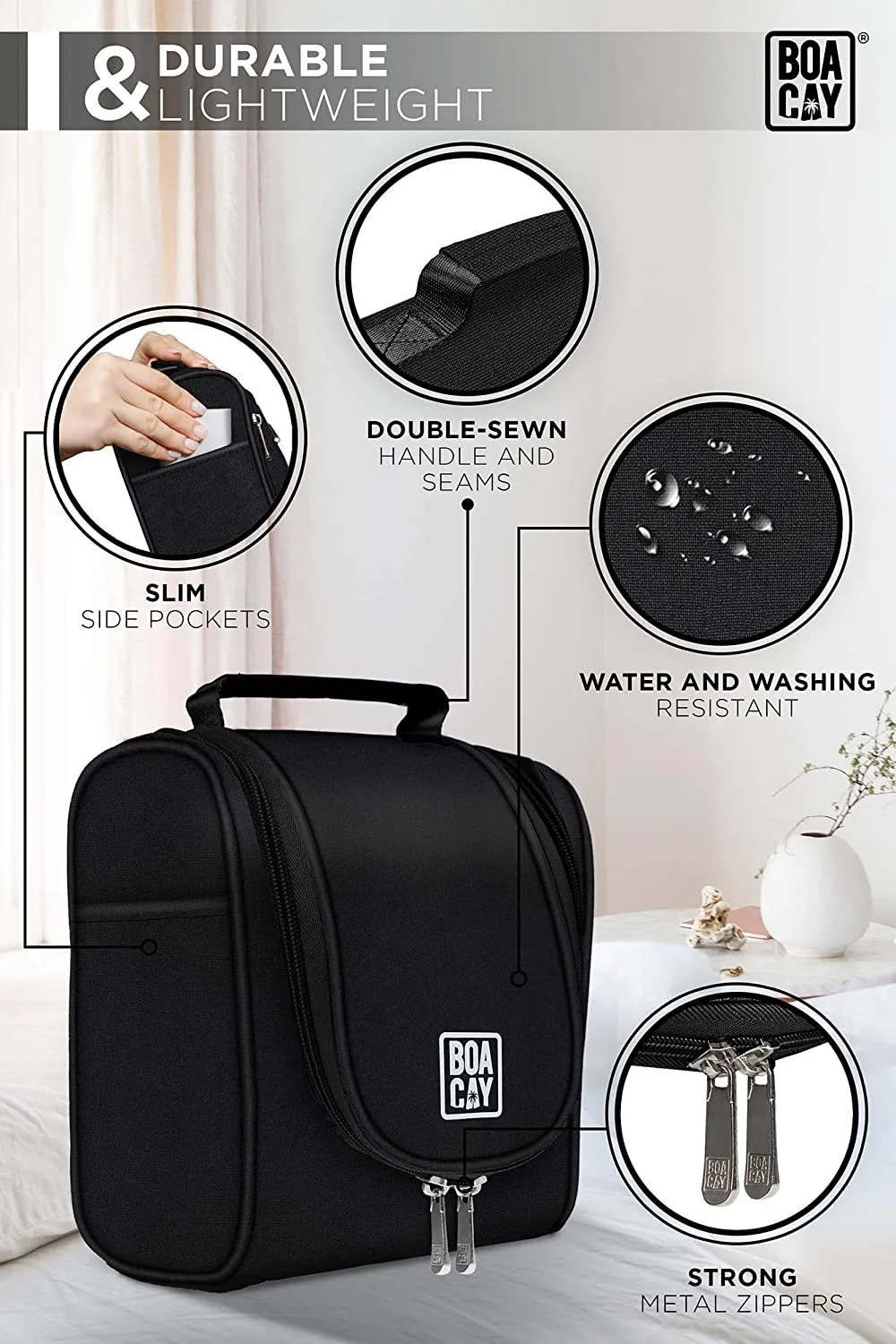 Premium Small Hanging Travel Toiletry Bag for Women and Men, Hygiene Bag, Bathroom and Shower Organizer Kit with Elastic Band Holders for Toiletries, Cosmetics, Makeup, Brushes (Small)