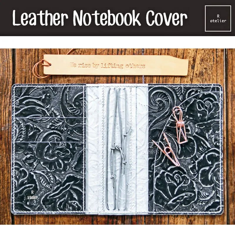 R.atelier B6 / B6 Slim TN Leather Notebook Folio Cover | Floral Embossed Black Onyx