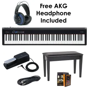 Roland PKG FP-30-BK 88-Key Digital Piano - Package Bundle with Roland DP-10 Damper Pedal, DBP-500CBD Duet Piano Bench, with Free Blue Headphones, Aux Cable & Mobile Bracket