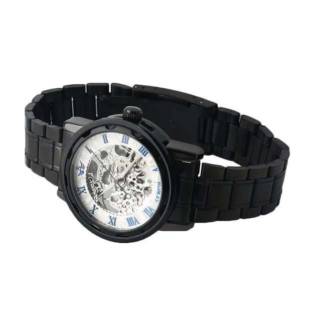 Roman Numerals Skeleton Men Military Business Clock Steel Automatic Mechanical Wrist Dress Luxury Sport Watch