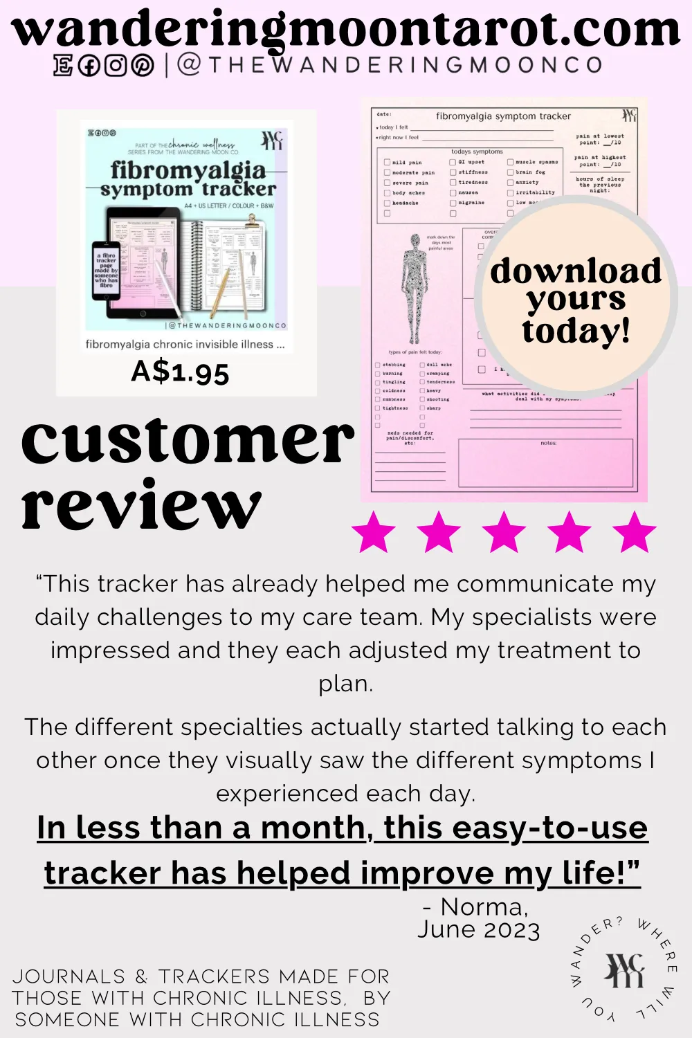 symptom tracker PDF: digital, printable medical journal | chronic pain   illness | spoonie, pots awareness, fibro, endo, disability pride